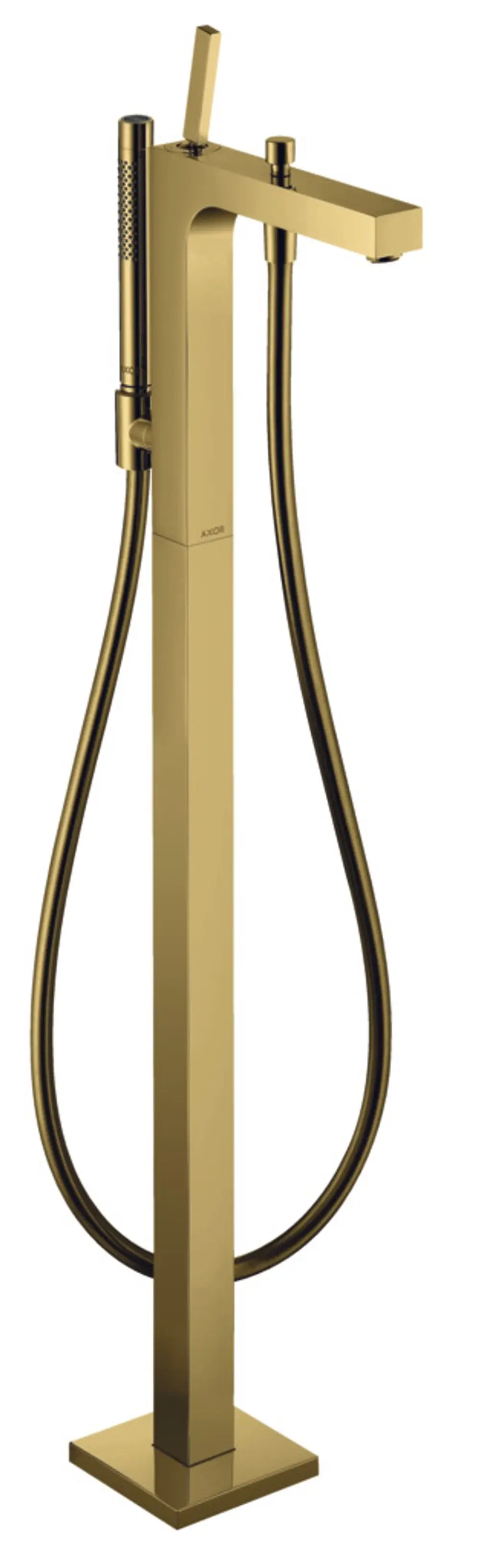 Bodenstehender Einhebel-Wannenmischer in Polished Gold Optic mit seitlichem Griff und flexibler Handbrause von AXOR, geeignet für moderne Badezimmer.